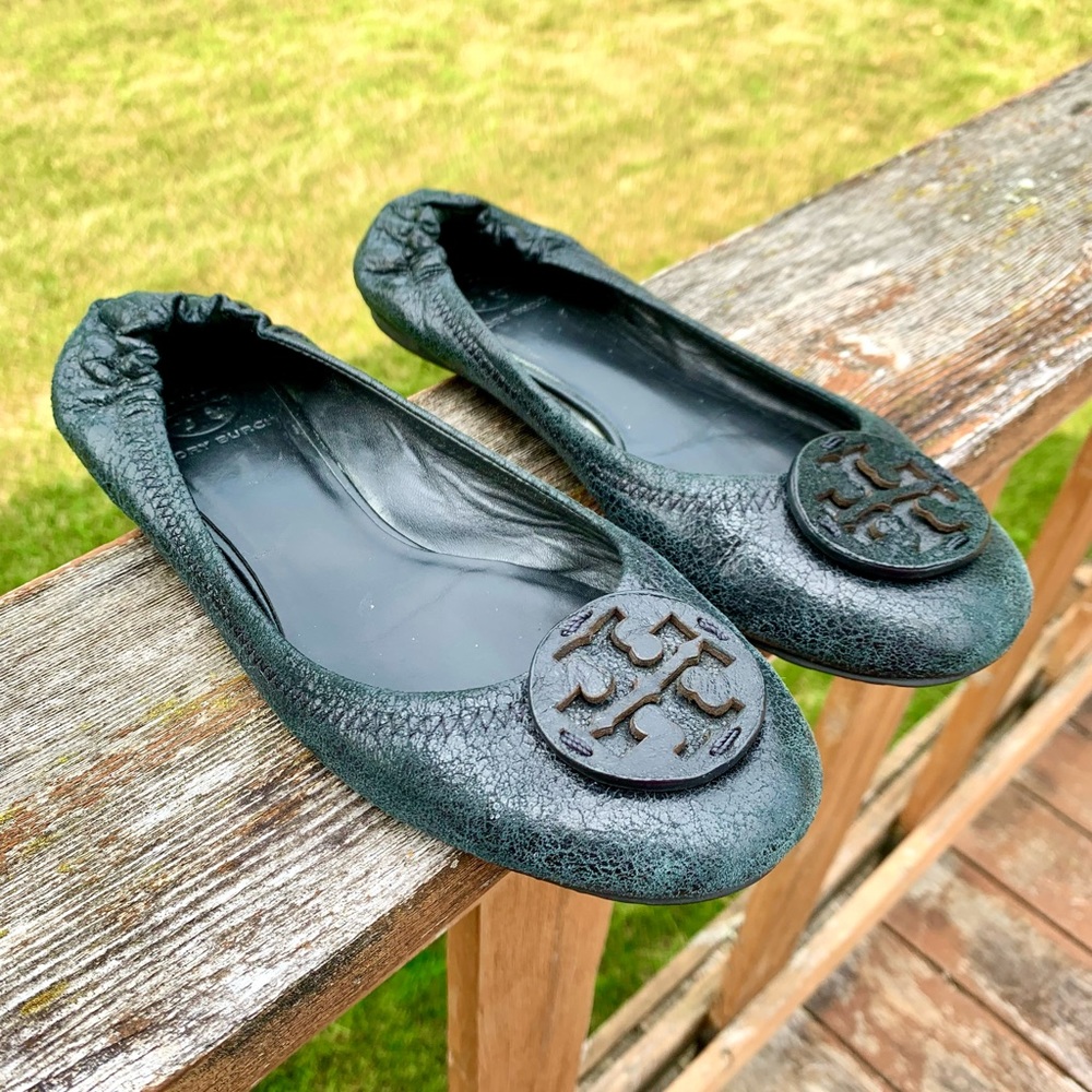 Tory Burch Black Leather Logo Flats - Size 8